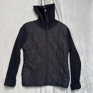 Effeci Creazioni Jacket Womens Medium Black Quilted Rib Knit Full Zip Mock Neck
